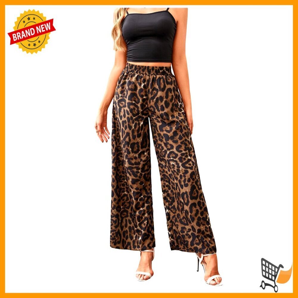 Leopard Print Wide Leg Pants High Waist Elastic Casual Chic Retro Style